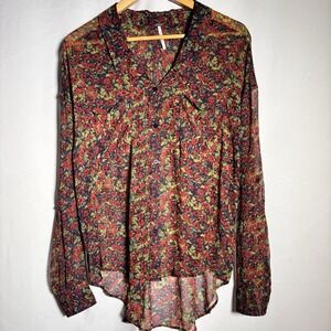 Free People Top Womens M Boho Dark Romantic Floral Sheer Button Up Valentines